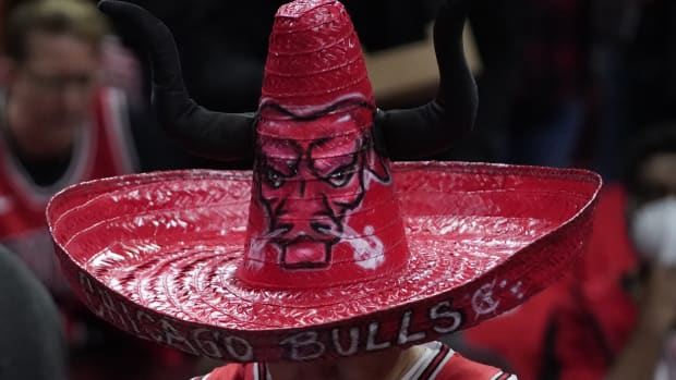 A Chicago Bulls fan before the game between the Chicago Bulls and the Milwaukee Bucks during game four of the first round for the 2022 NBA playoffs 